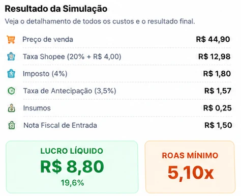 Detalhe do resultado da simulação com custos, lucro líquido e ROAS mínimo